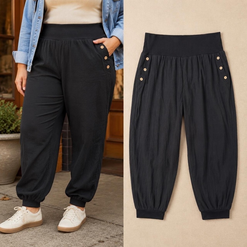 SHEIN Curve 4XL Pants Black High Rise Cotton Jogger Boho Travel Lounge Genie